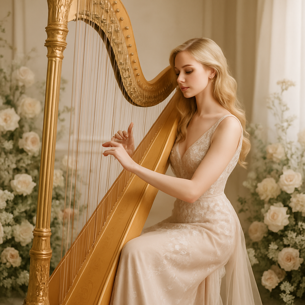 Elegant blonde harpist performing in a softly lit romantic setting, wearing a refined gown, surrounded by delicate floral accents