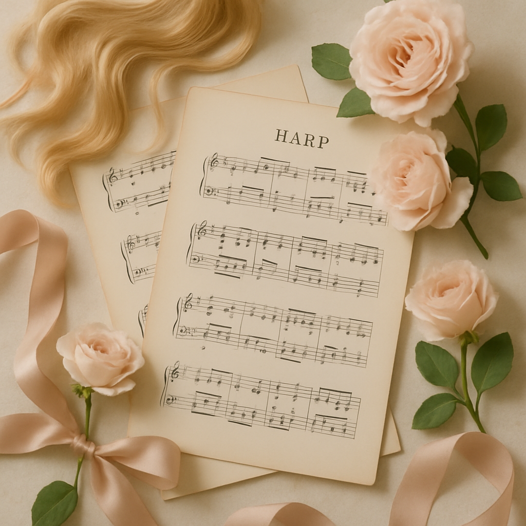 Editorial still life featuring blonde harpist's sheet music, silk ribbons, and blush flowers on an elegant table