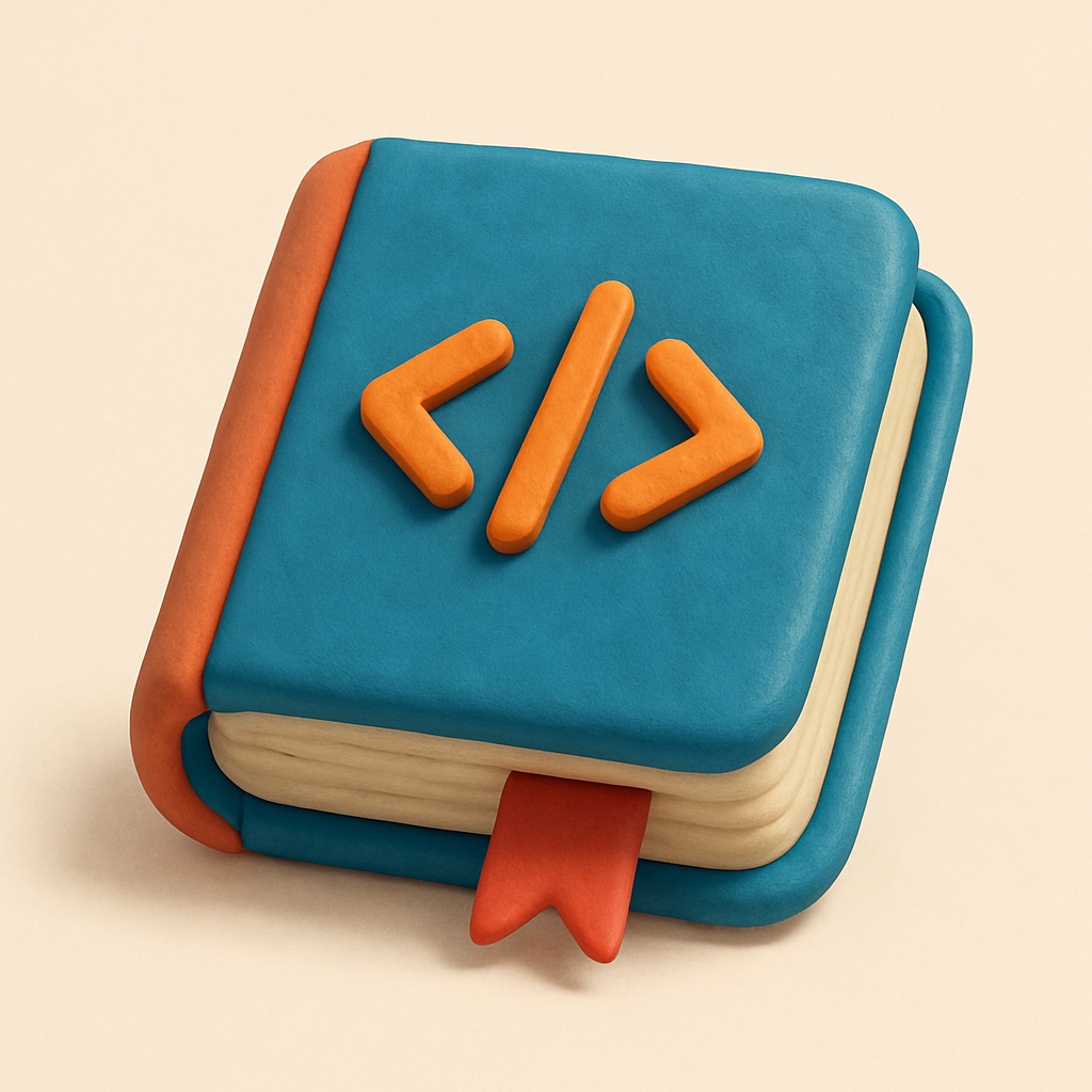 Clay-style coding book icon, soft plasticine look, rounded and playful