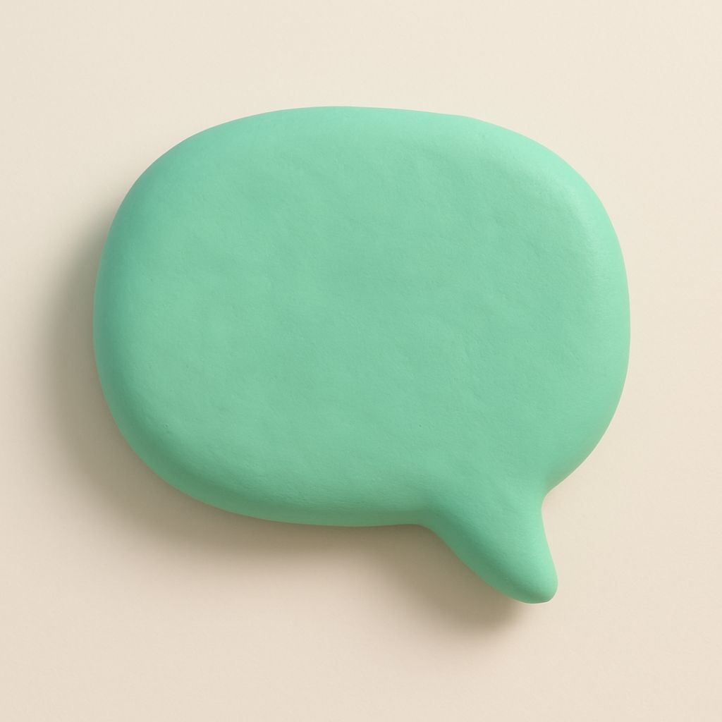 Clay-style speech bubble icon, soft plasticine, rounded and inviting