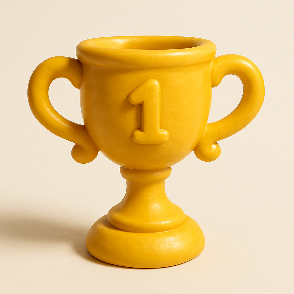 Clay-style trophy icon, soft plasticine, shiny and celebratory