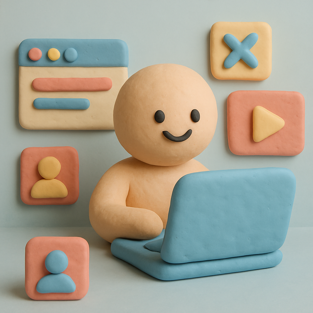 Playful 3D clay character at a rounded laptop with colorful clay UI elements, in soft plasticine style