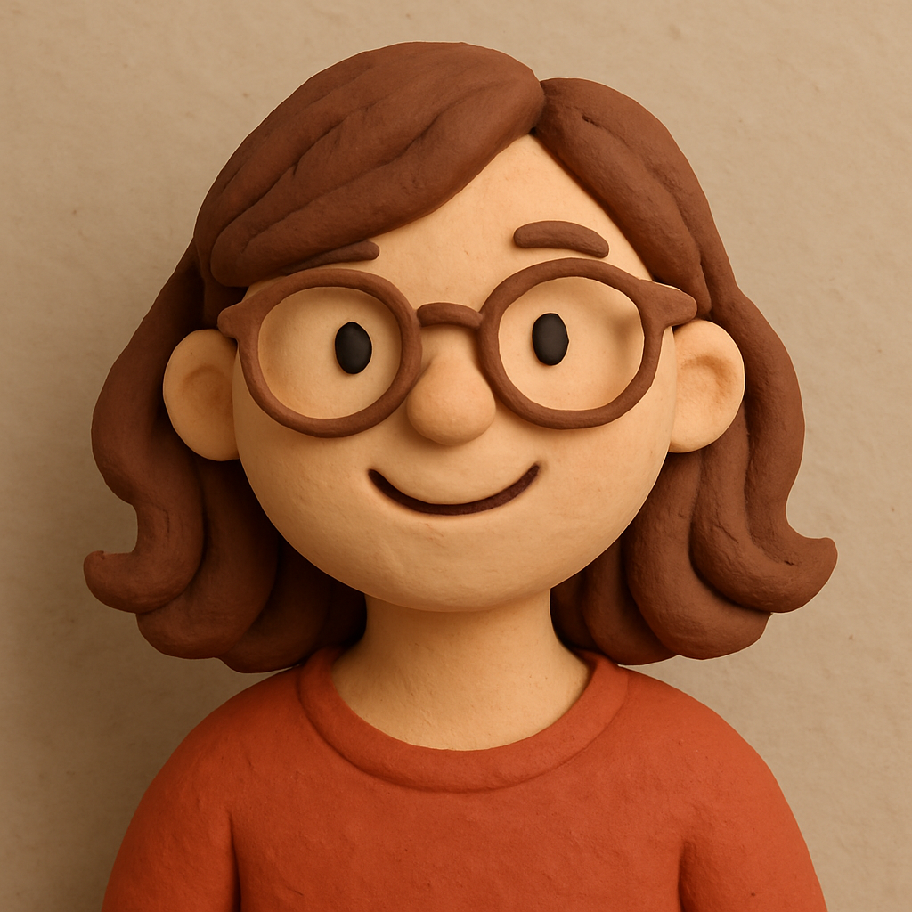 3D clay avatar of a smiling young woman with brown hair and glasses, playful and friendly