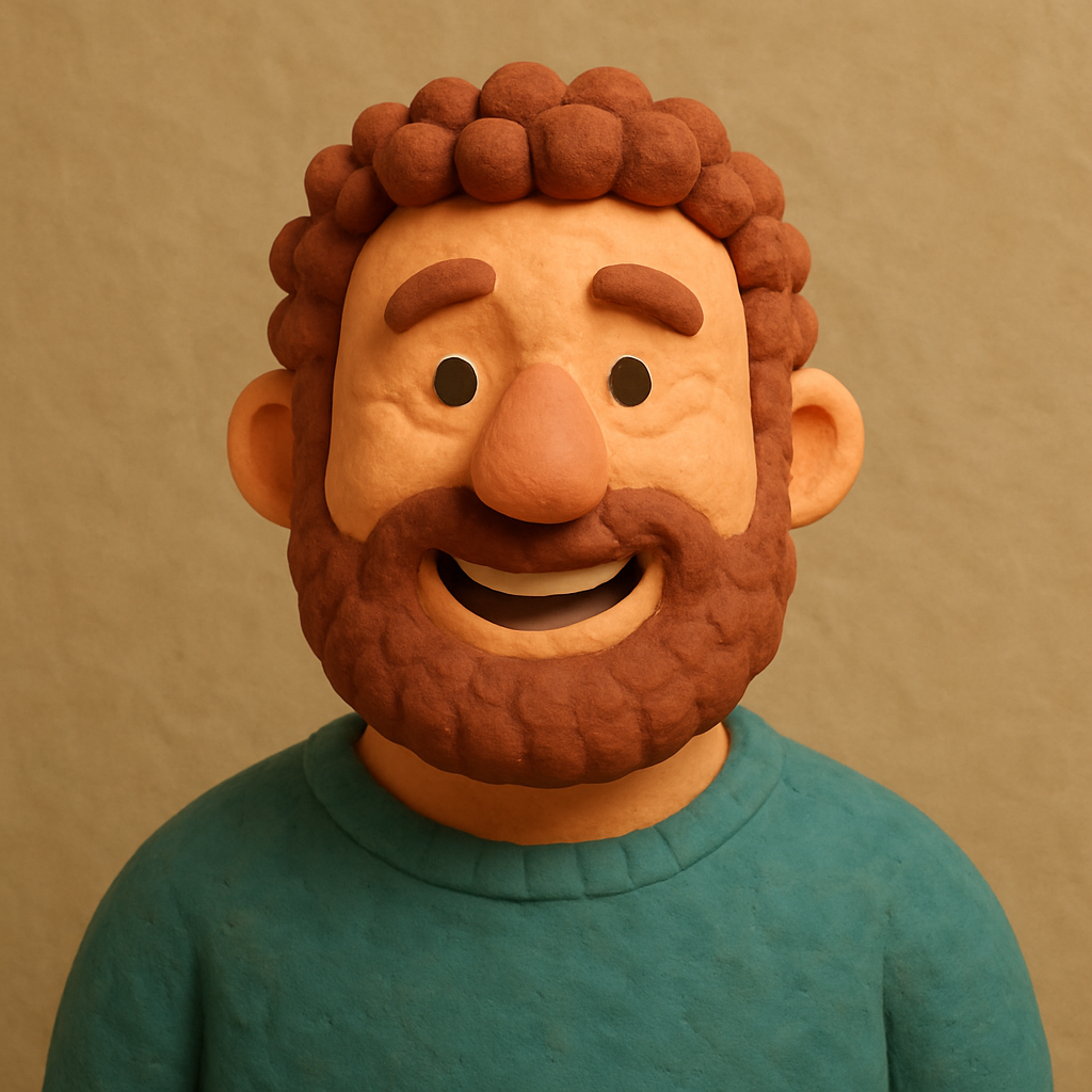 3D clay avatar of a cheerful middle-aged man with a beard and curly hair, bright and approachable