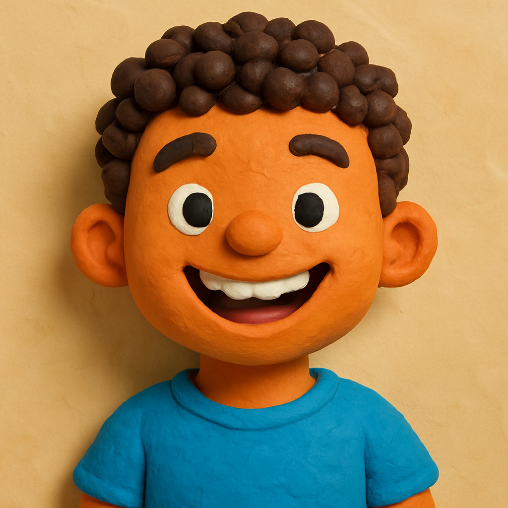 3D clay avatar of a young boy with short curly hair and a big smile, lively and colorful