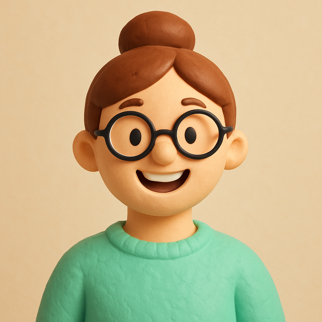 Ava Clay, cheerful clay-style woman with round glasses, brown hair in a bun, wearing a soft mint sweater, 3D plasticine look