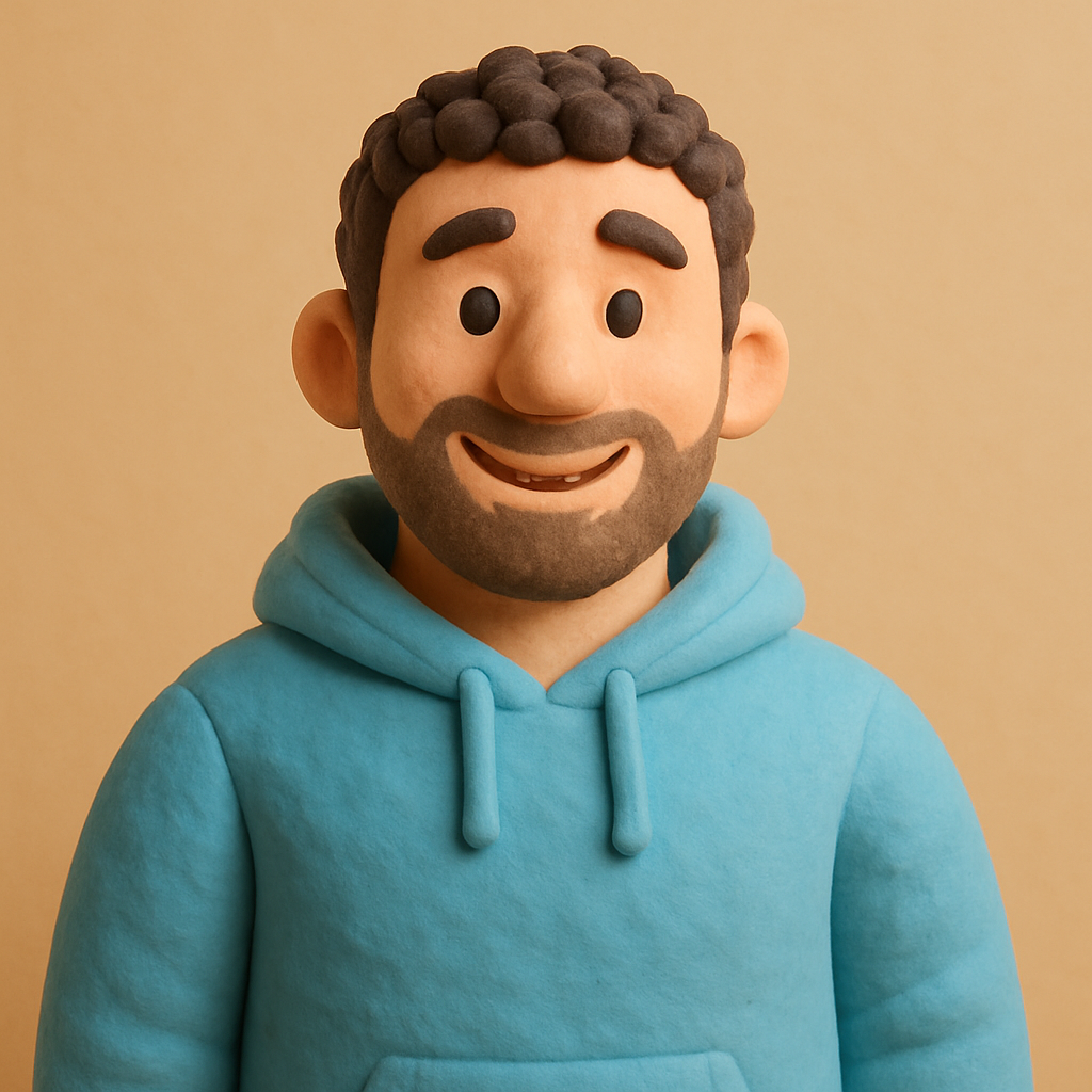 Ben Codey, friendly clay-style man, short curly dark hair, light beard, wearing a sky blue hoodie, 3D plasticine style