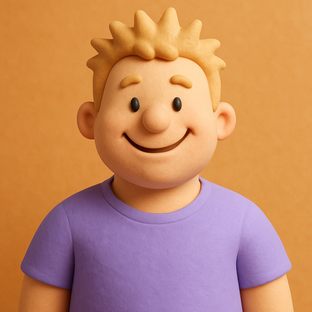 Sam Bytes, playful clay-style man with spiky sandy hair, round cheeks, wearing a lavender t-shirt, soft plasticine 3D style