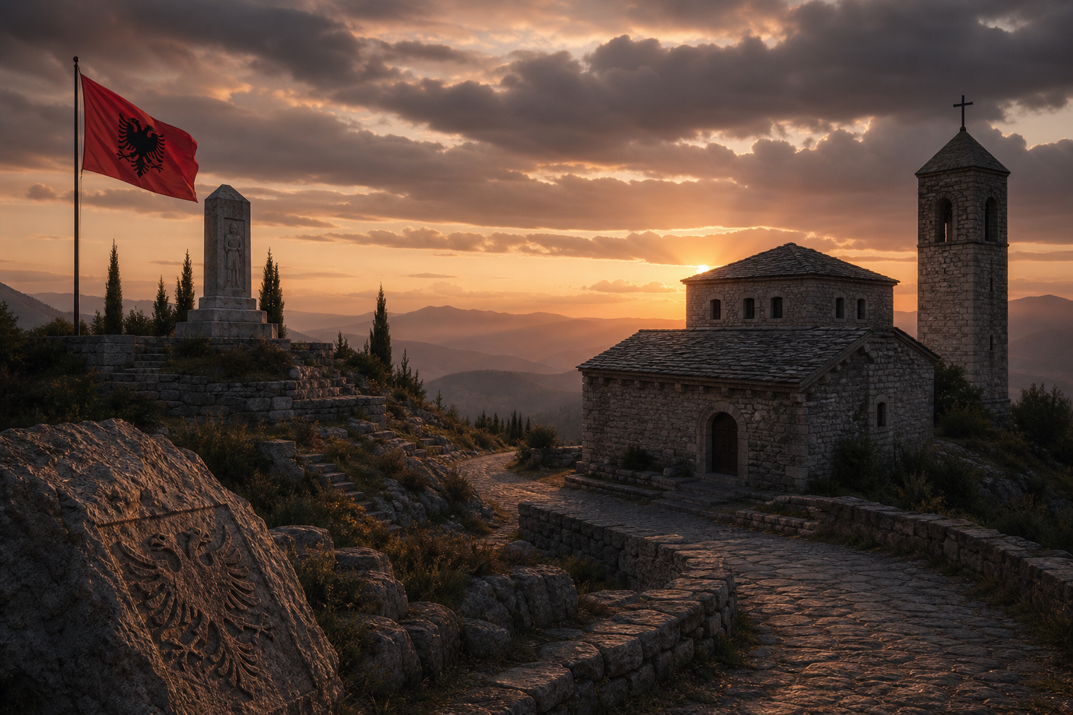 Peizazh përkujtimor me arkitekturë tradicionale shqiptare prej guri në muzg