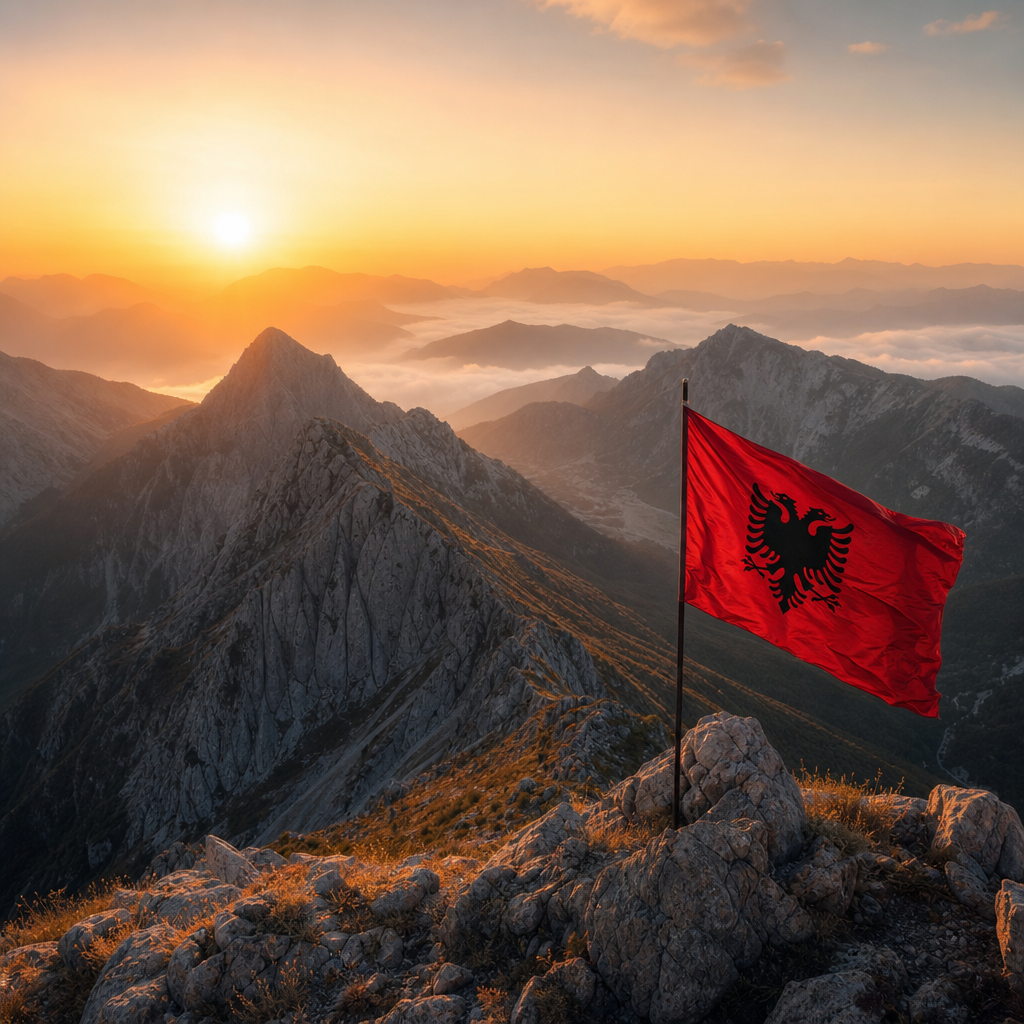 Pamje panoramike e maleve shqiptare në dritë të hershme të artë, ajër i kthjellët dhe atmosferë dinjitoze kombëtare
