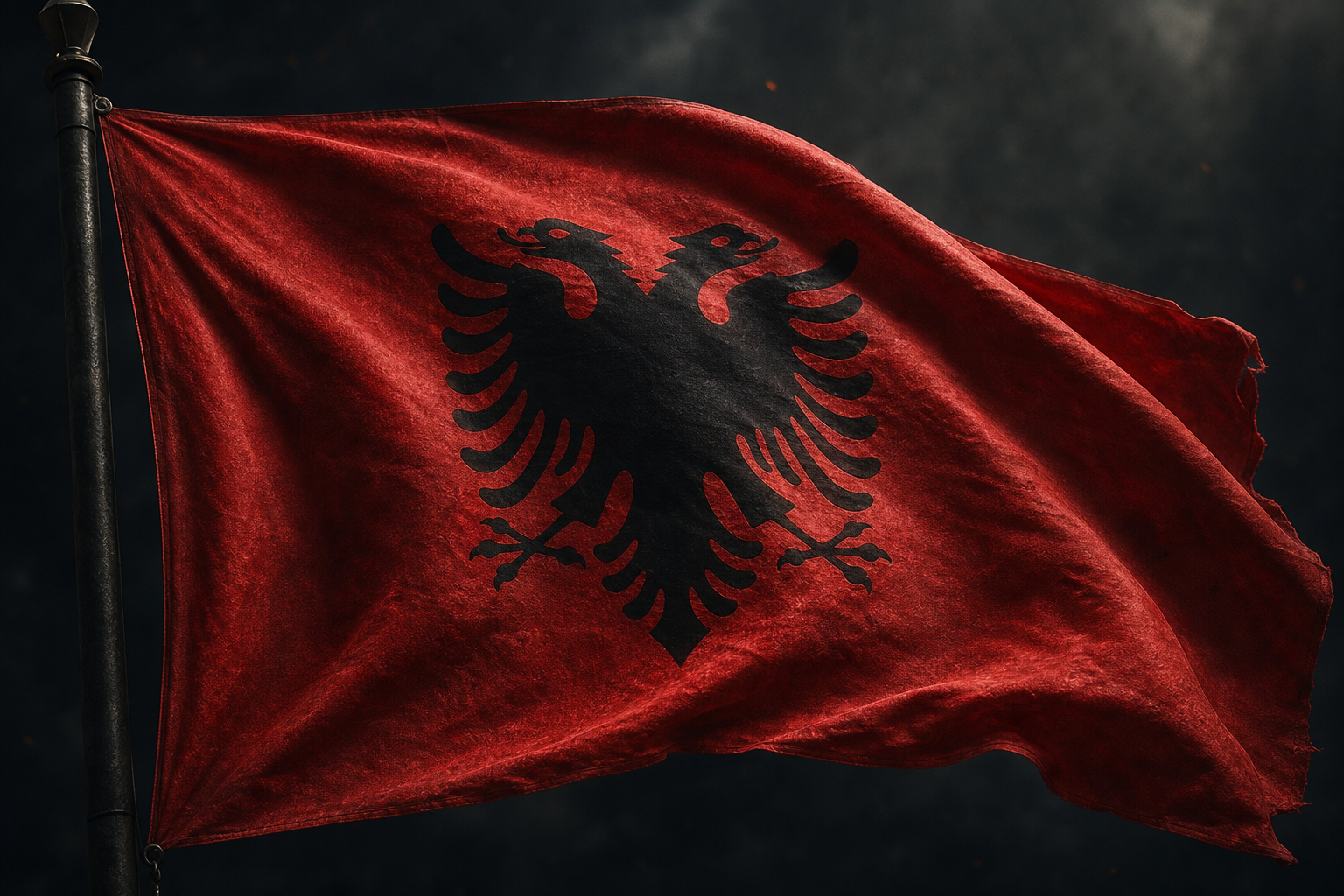 Flamur shqiptar i kuq me shqiponjën dykrenare që valëvitet në erë para një sfondi të errët redaksional