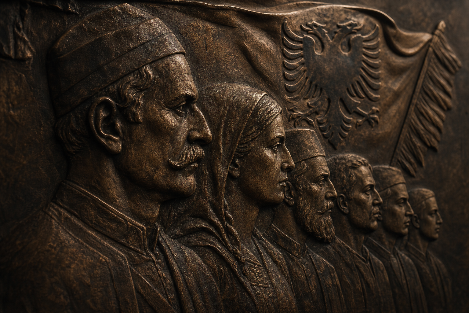 Reliev bronzi ceremonial me profile patriotësh shqiptarë, i ndriçuar me dritë të butë anësore