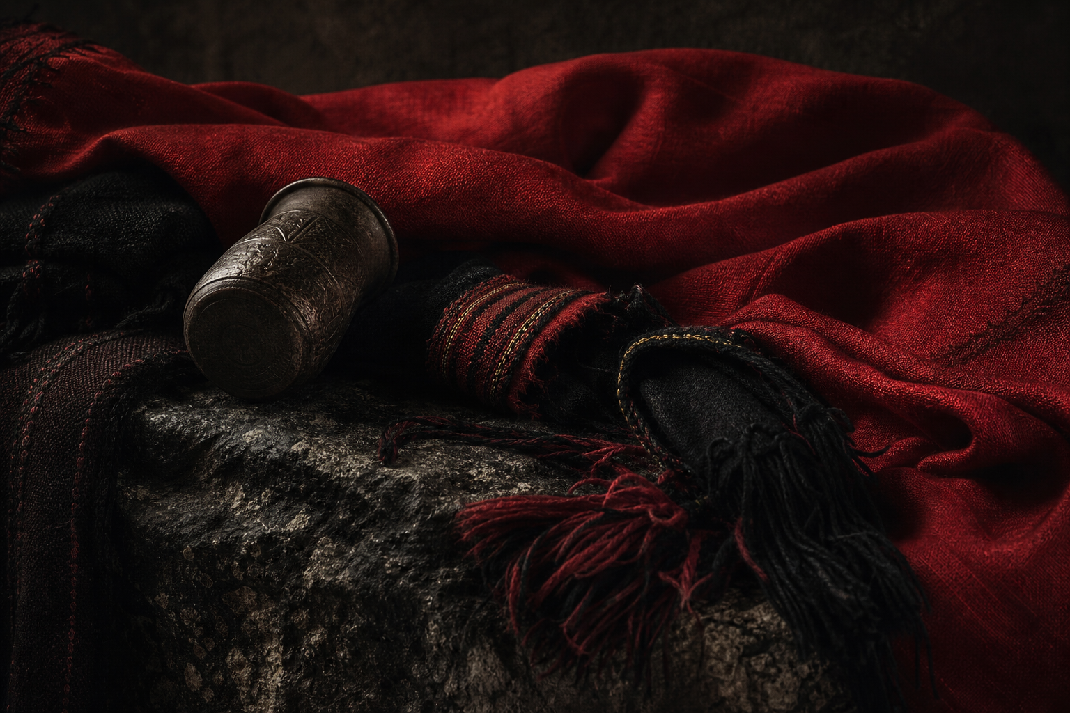Ceremonial red-and-black textured fabric draped across a weathered dark stone surface, dignified and symbolic without any carved emblem