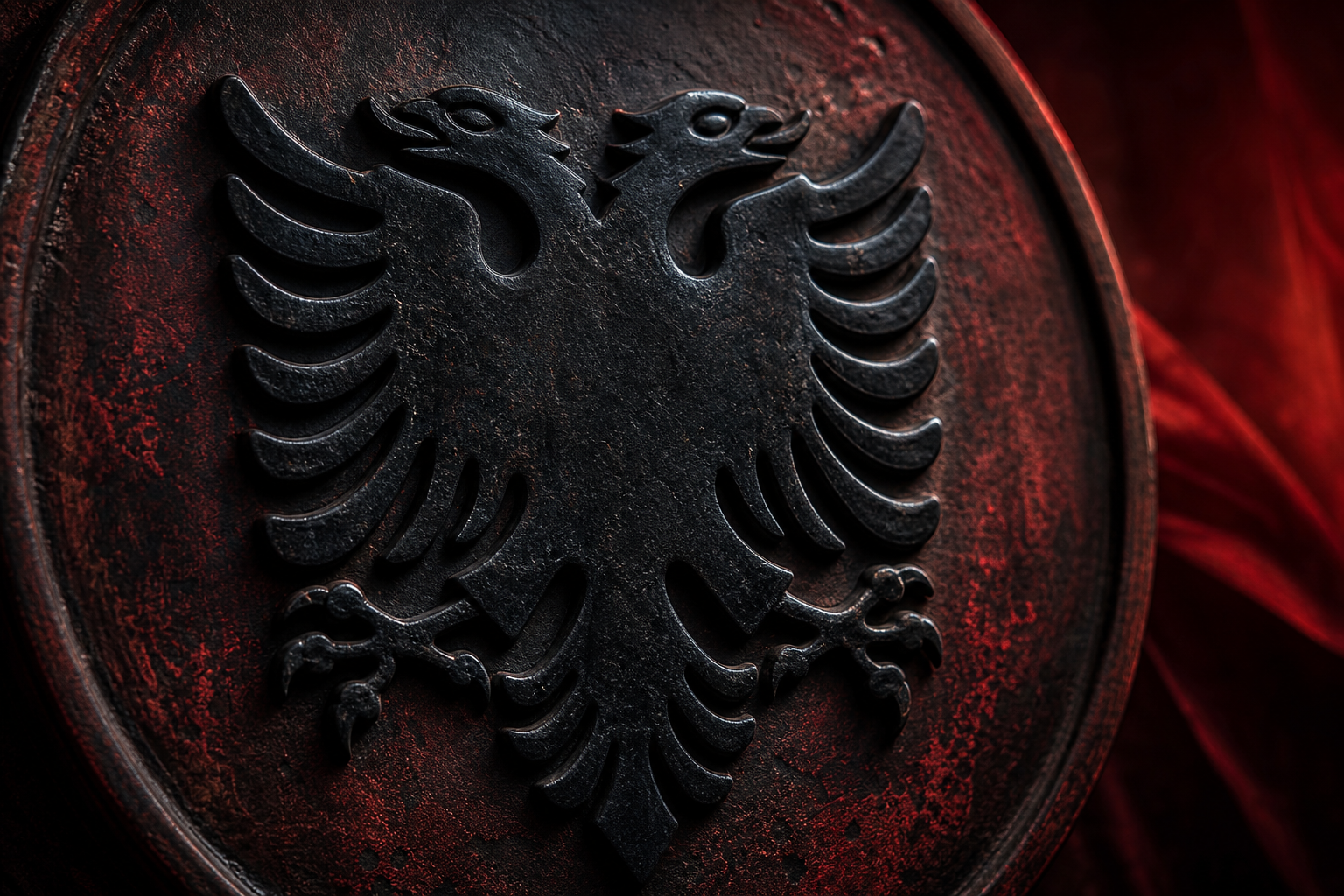 Shqiponja dykrenare e paraqitur në reliev të errët ceremonial, pa tekst dhe pa watermark
