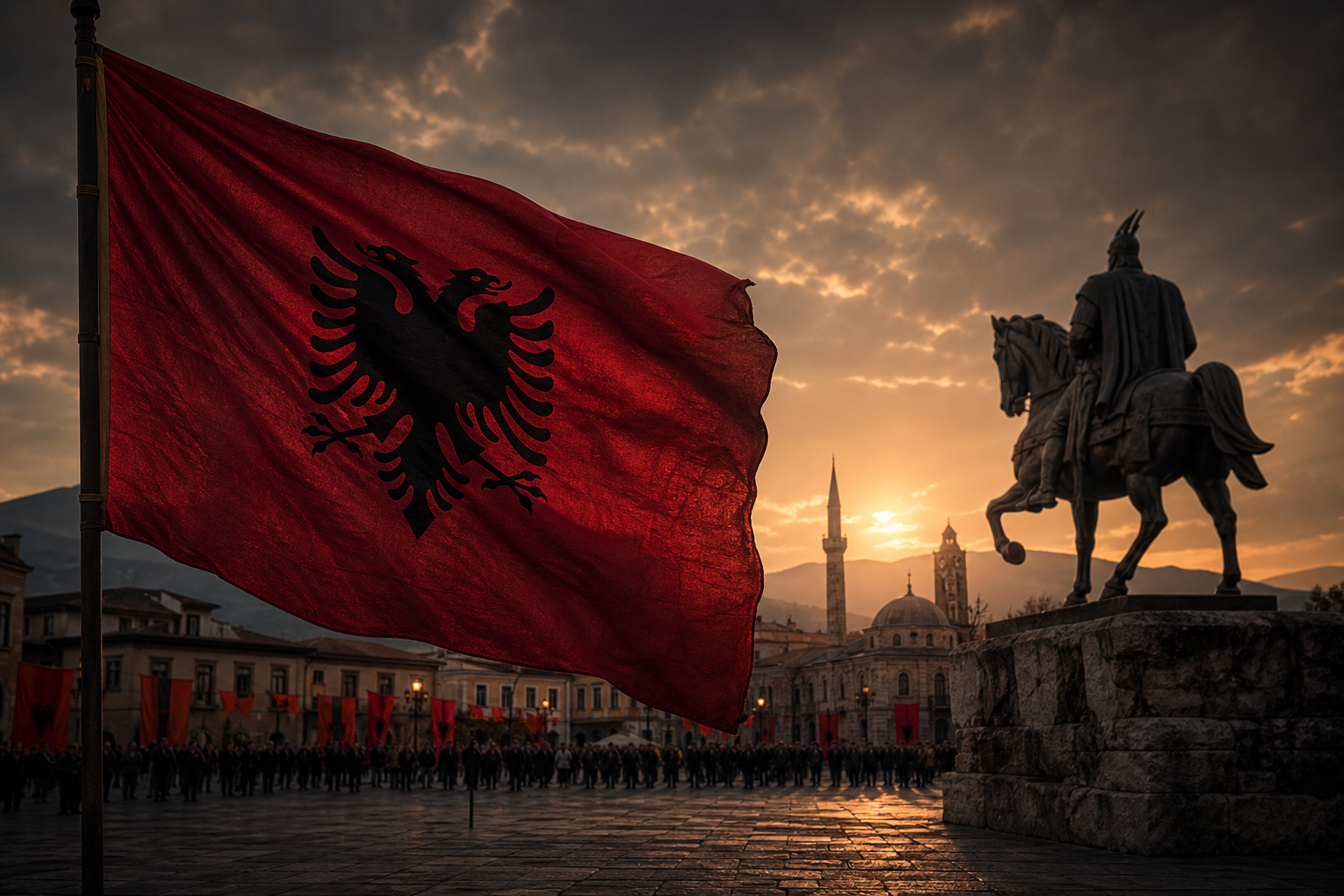 Flamuri kuqezi i valëvitur në një shesh ceremonial shqiptar, pa tekst dhe pa watermark