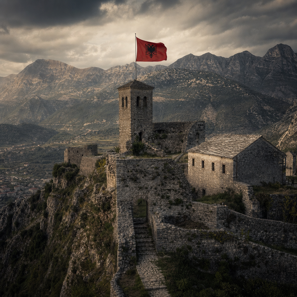 Historic Albanian gathering in front of a stone civic building, elders and youth holding red-and-black Albanian flags in solemn archival style