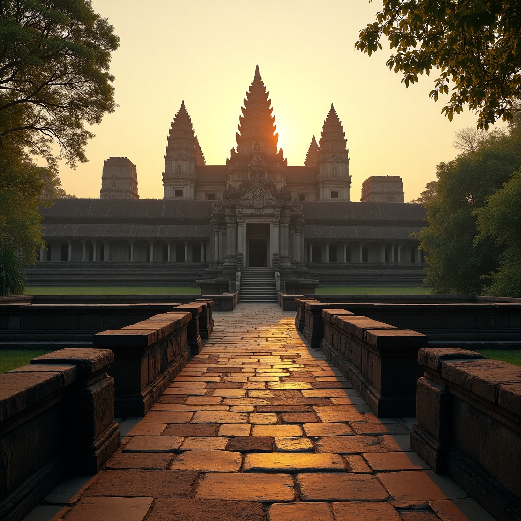 Realistic image of Angkor Wat temple complex in Cambodia, showing expansive stone causeways, lotus-crowned towers, and intricate wall carvings at sunrise, surrounded by lush jungle.