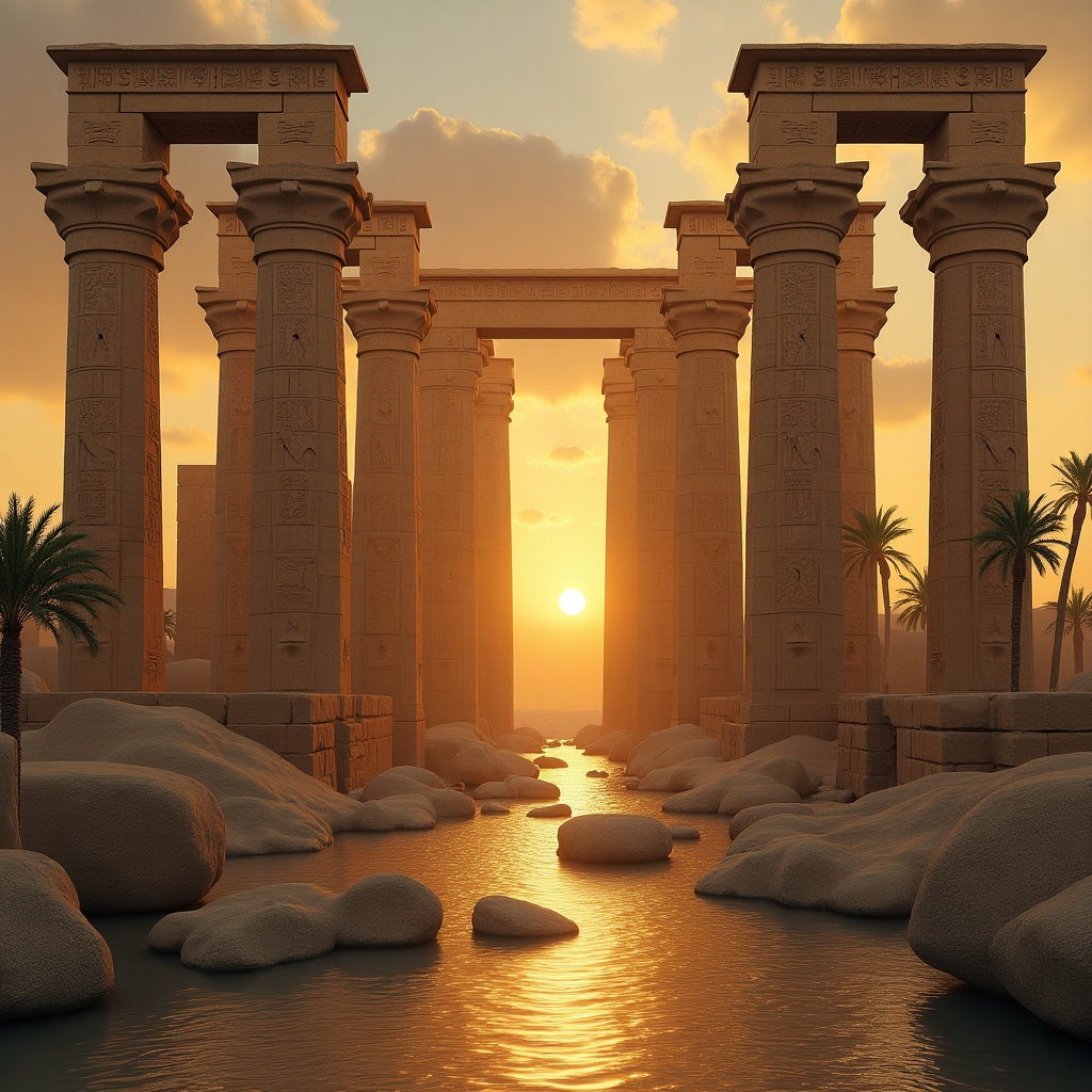 Realistic depiction of an ancient Egyptian temple with towering columns and hieroglyphics, set beside the Nile at sunset.
