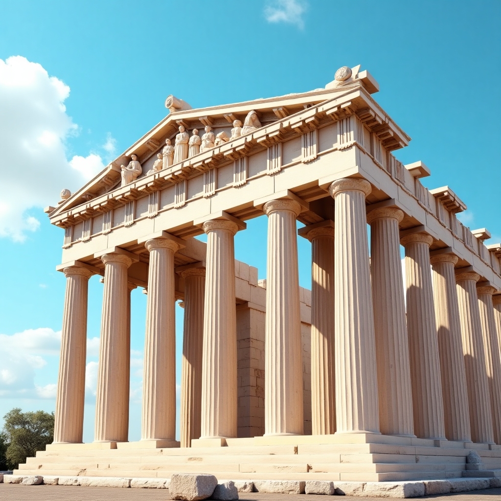 Highly realistic image of the Parthenon in Athens, Greece, with marble columns and sculpted friezes under a bright Mediterranean sky.