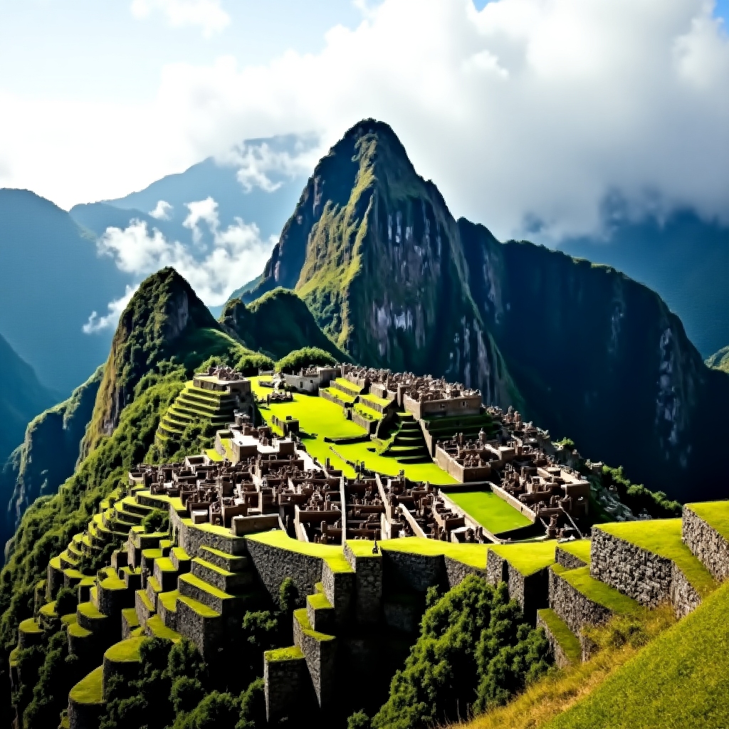 Realistic image of Machu Picchu perched atop Andean mountains, featuring terraced stone walls, ancient Incan architecture, and mist swirling around the green peaks under a bright sky.