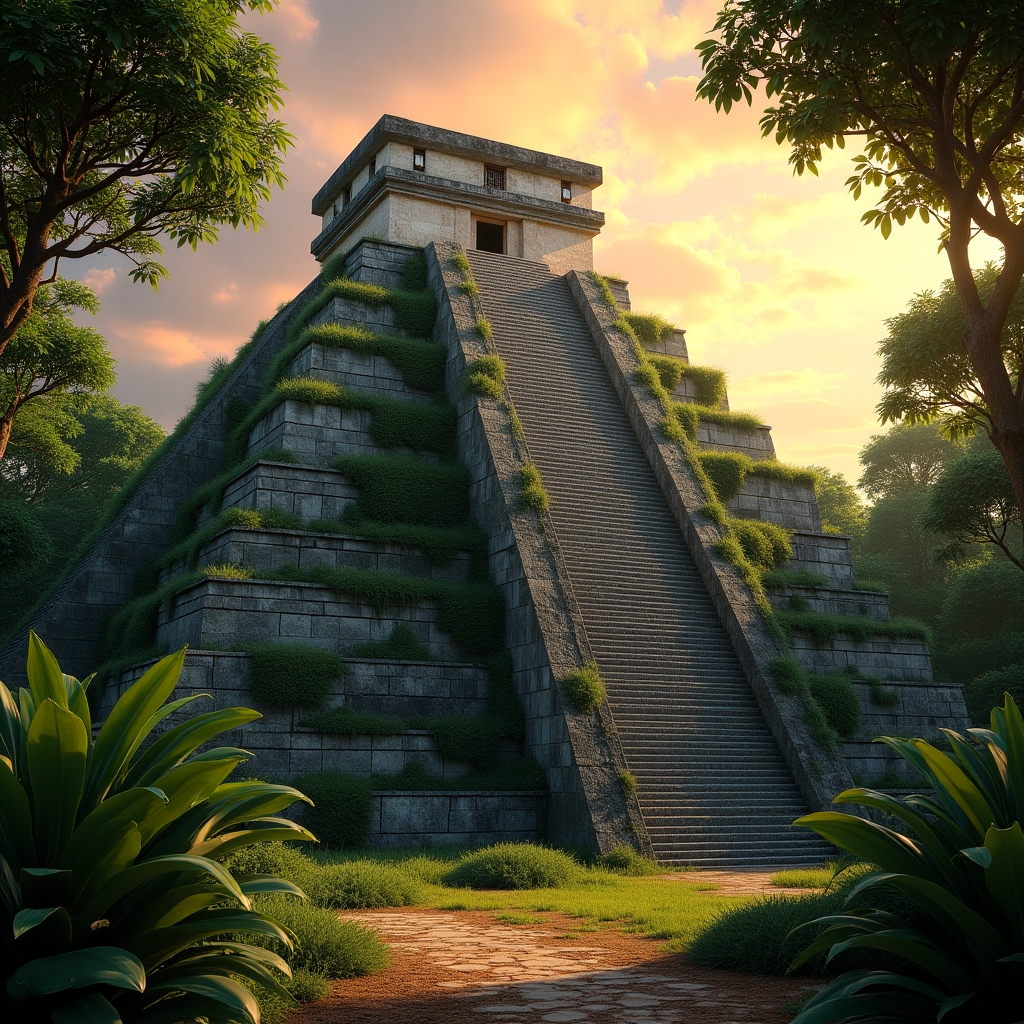 Realistic AI-generated image of a Mayan step pyramid temple, covered in lush jungle with stone carvings and a dramatic sunrise.