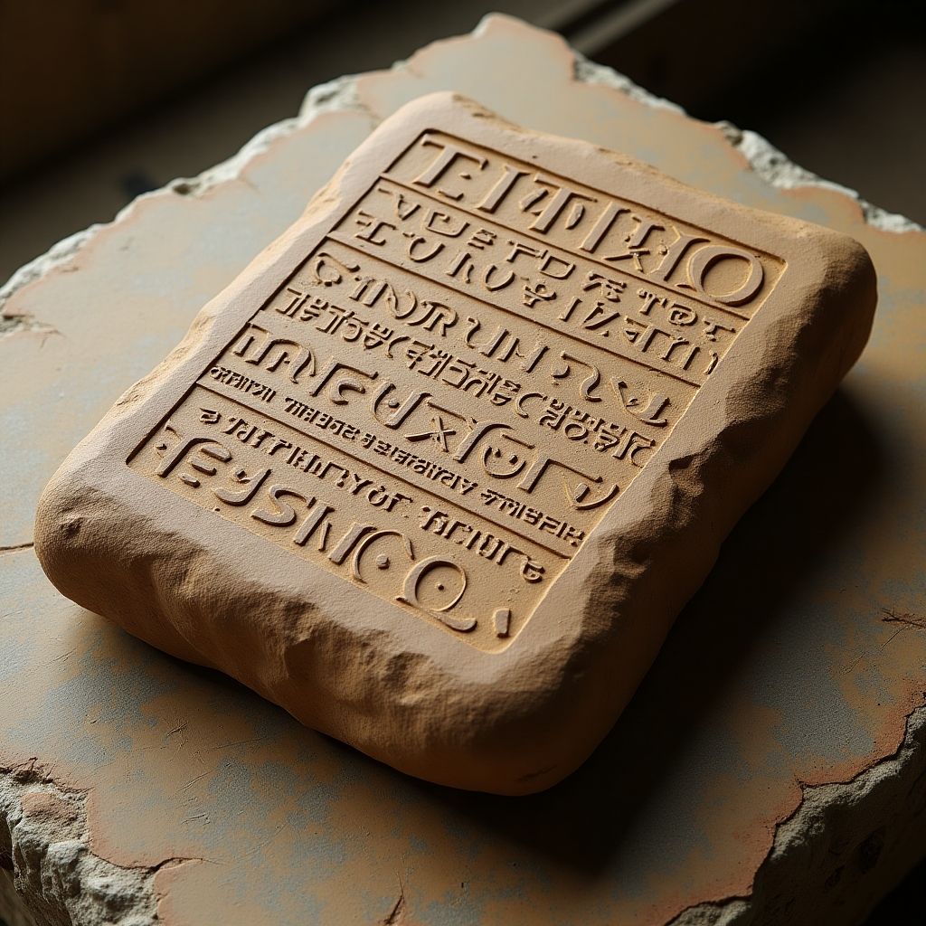 Detailed, realistic rendering of a Mesopotamian clay tablet inscribed with ancient cuneiform script, resting on a stone surface.