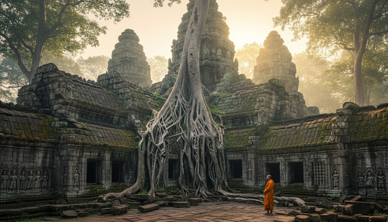 Roots and towers of Angkor Wat ruins