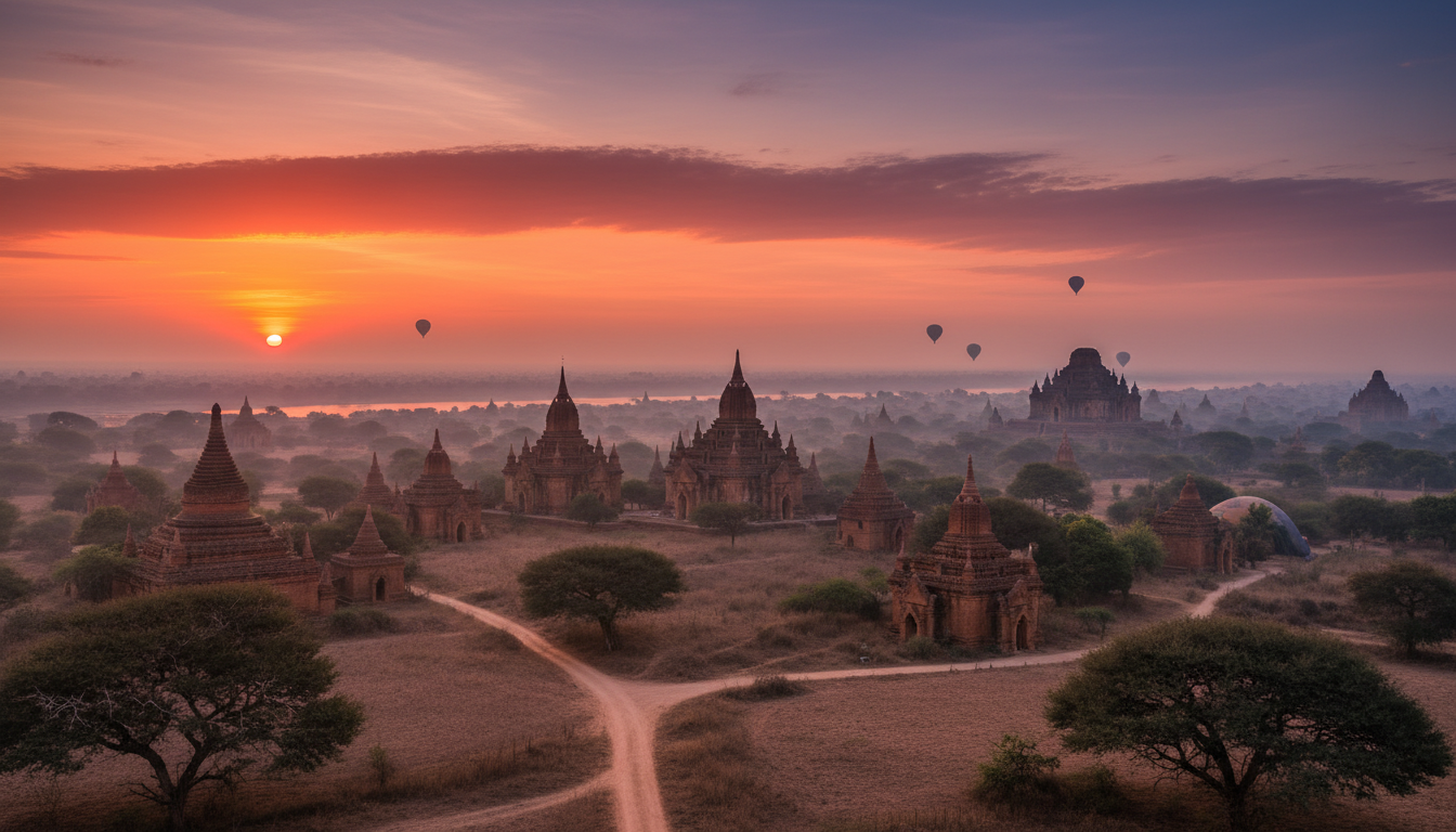 Pagodas and stupas of Bagan at dusk