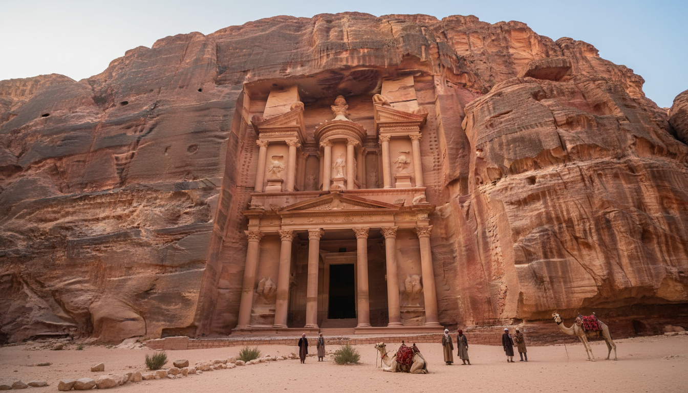 The Treasury carved into the red cliffs of Petra
