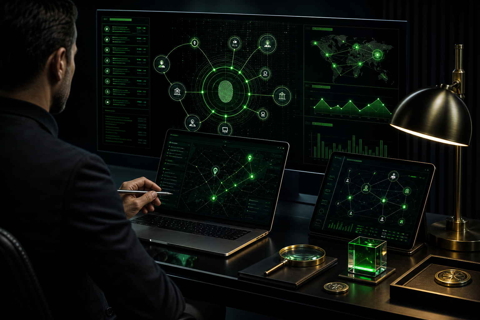Forensic analyst reviewing a neon-green digital asset tracing dashboard with evidence trails, premium devices, and sleek metallic accents in a dark command workstation