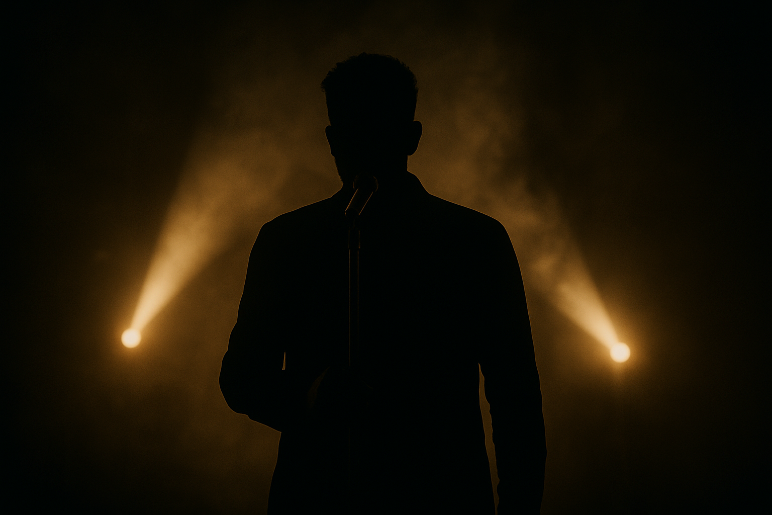 Ambiance clip musical cinématographique sombre avec artiste en silhouette et faisceaux lumineux