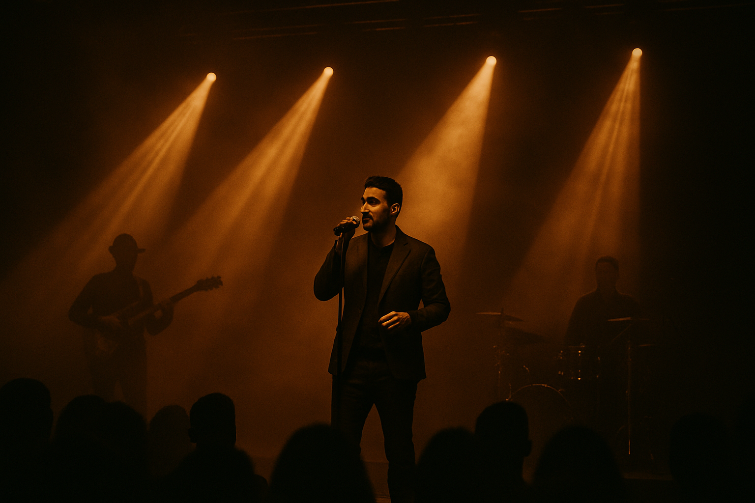 Plan large d'un concert live avec musiciens et faisceaux lumineux ambrés