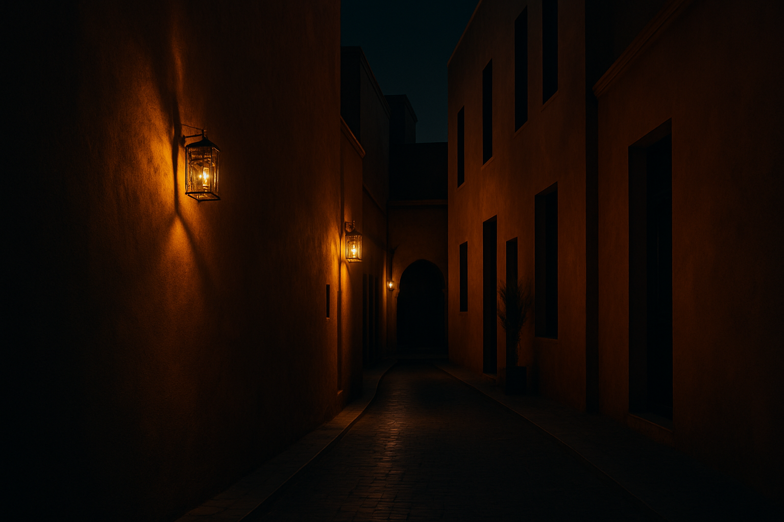 Ambiance marocaine moderne de nuit avec architecture ocre et néons subtils
