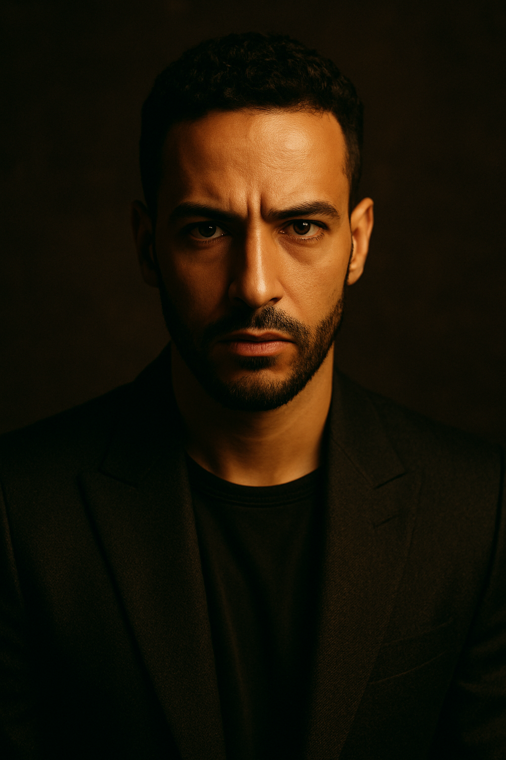 Portrait premium de l'artiste en veste noire texturée sous une lumière dorée douce