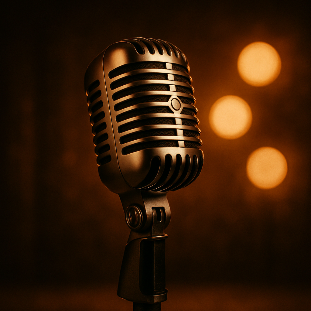 Détail de scène avec microphone vintage chromé et bokeh de projecteurs