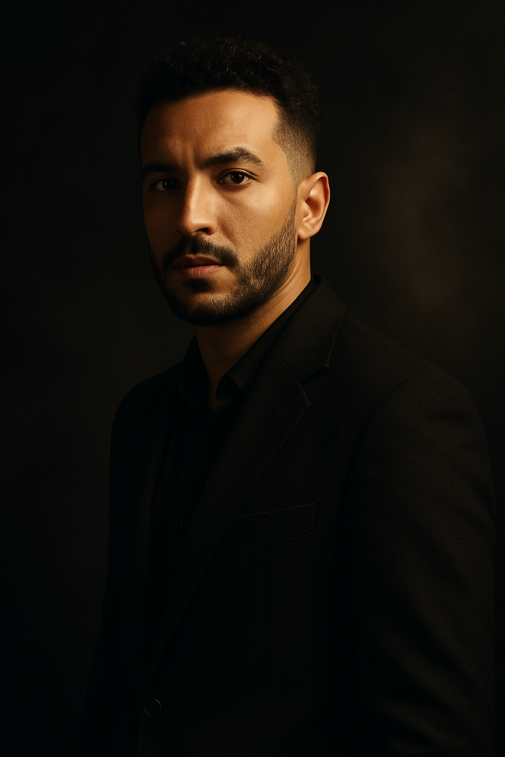 Portrait photographique premium d'un chanteur marocain dans une ambiance cinématographique moderne, lumière dramatique et élégance sombre