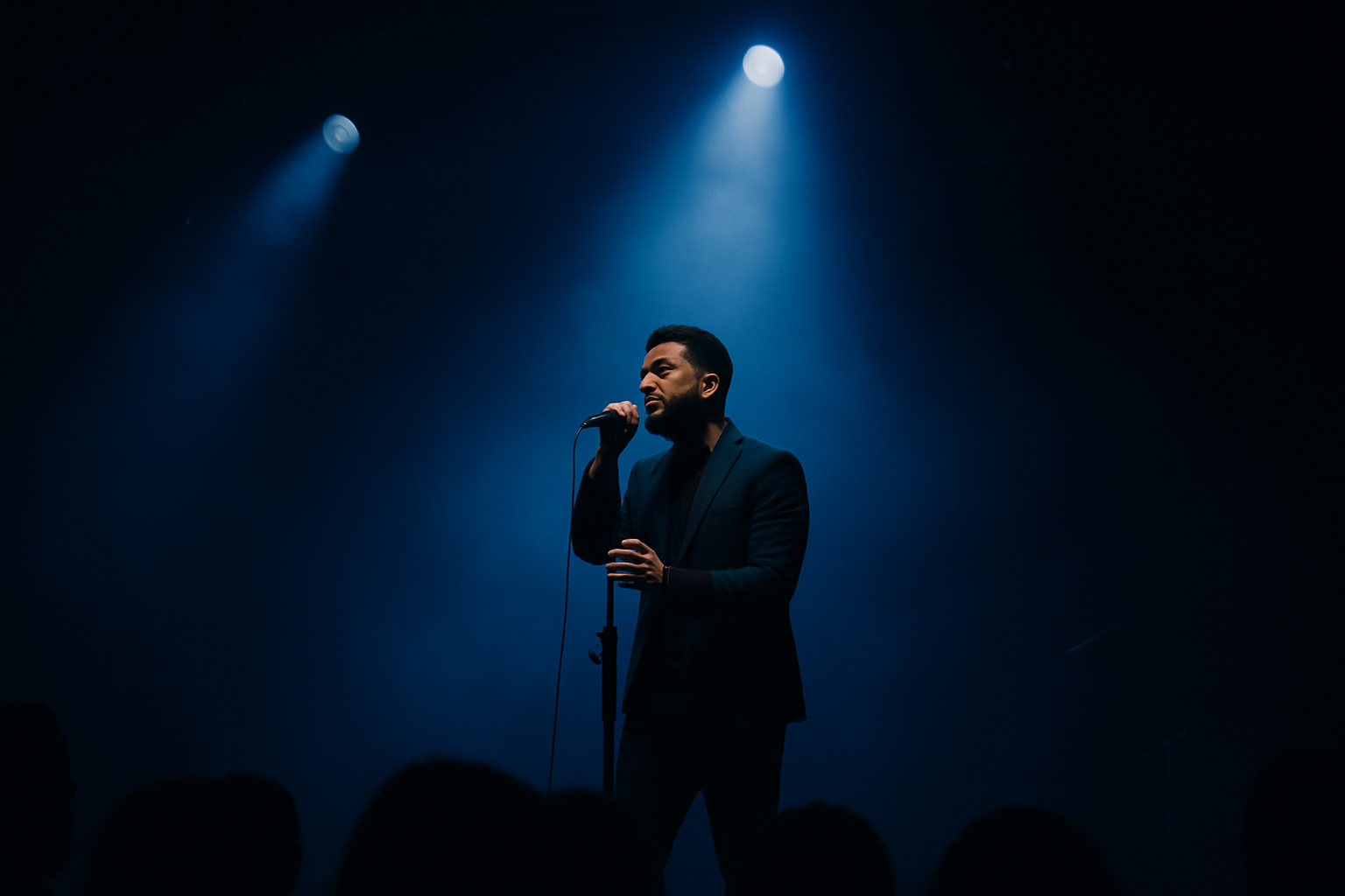Performance live sur grande scène avec fumée légère et éclairage bleu profond