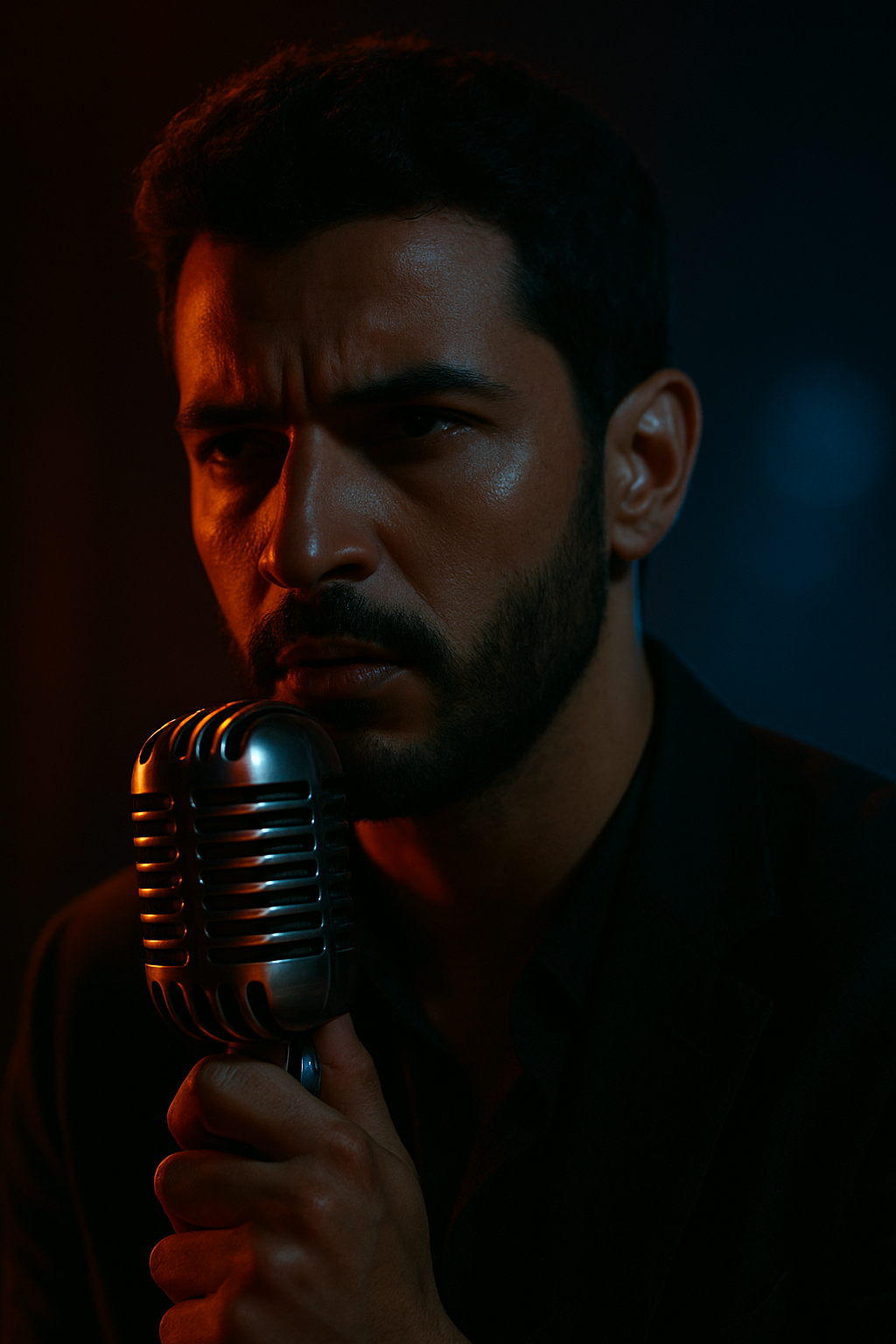 Plan rapproché émotionnel d’un chanteur marocain sur scène, micro vintage, lumière rouge et bleu nuit, rendu cinématographique