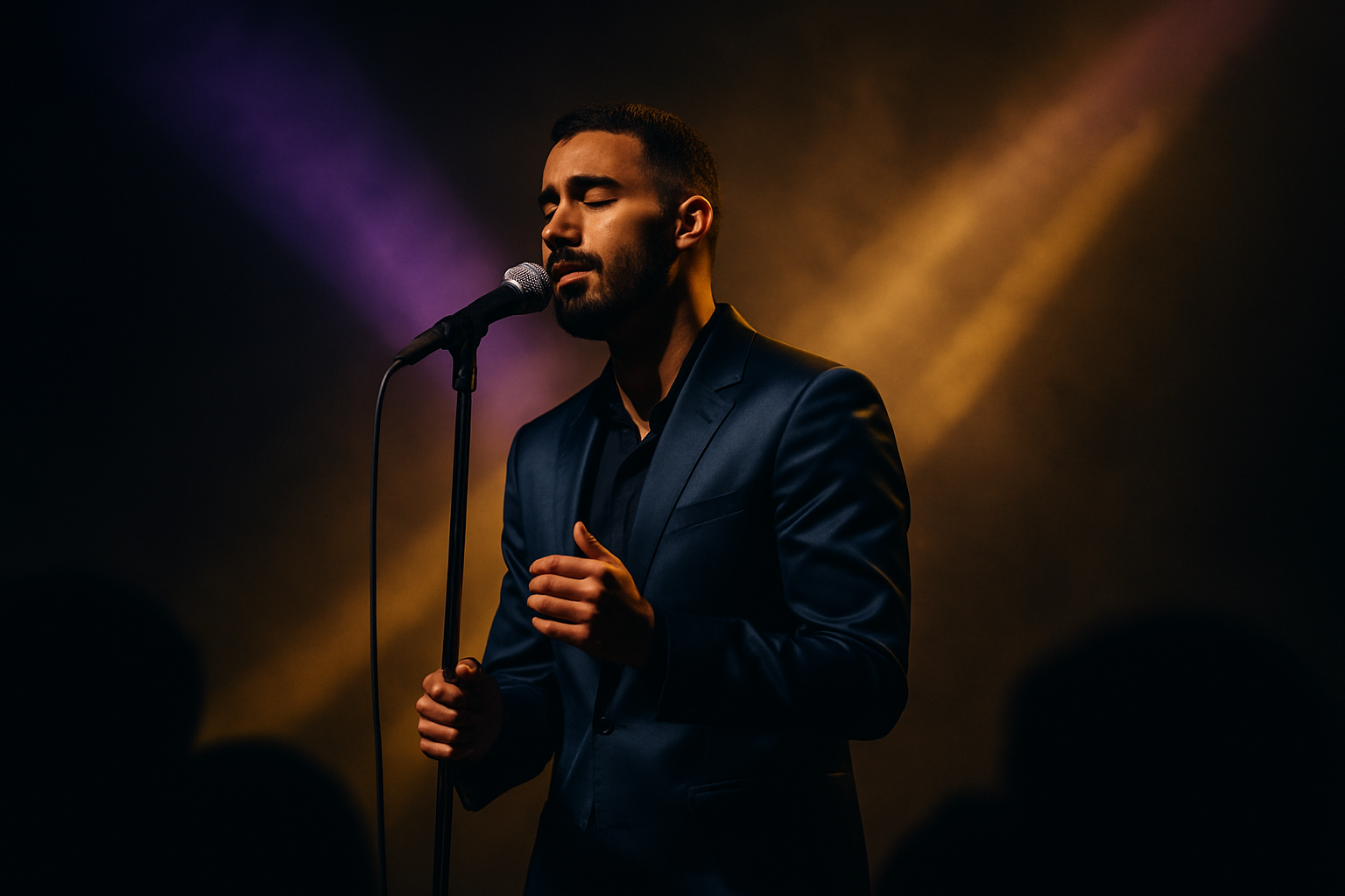 Chanteur marocain en pleine performance, faisceaux violets et ambre, public flou en avant-plan, atmosphère premium