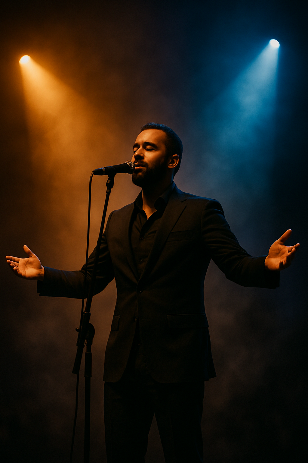 Performance live d’un chanteur marocain sur une grande scène, éclairages dorés et bleus dramatiques, ambiance premium