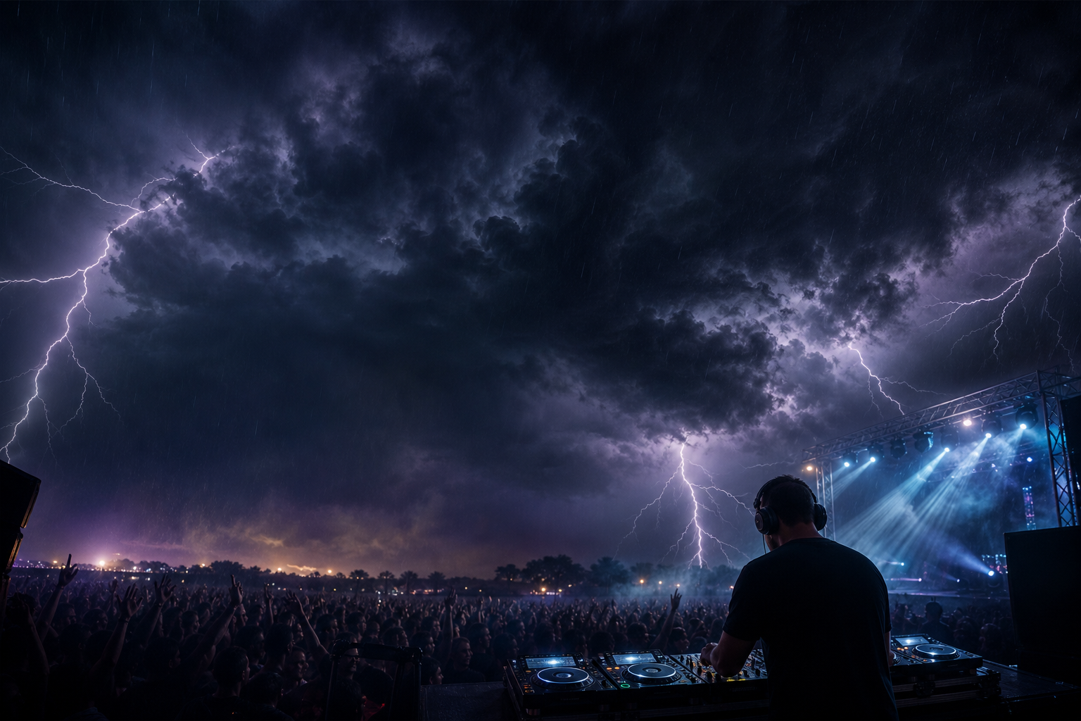 Epic nighttime thunderstorm over a live event scene with towering storm clouds, branching lightning, rain haze, and a DJ stage glowing in the distance