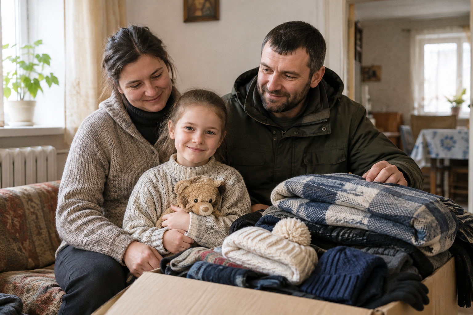 A family receives winter kits indoors in a modest Ukrainian home, sharing a quiet, hopeful moment beside neatly packed blankets and warm clothing.
