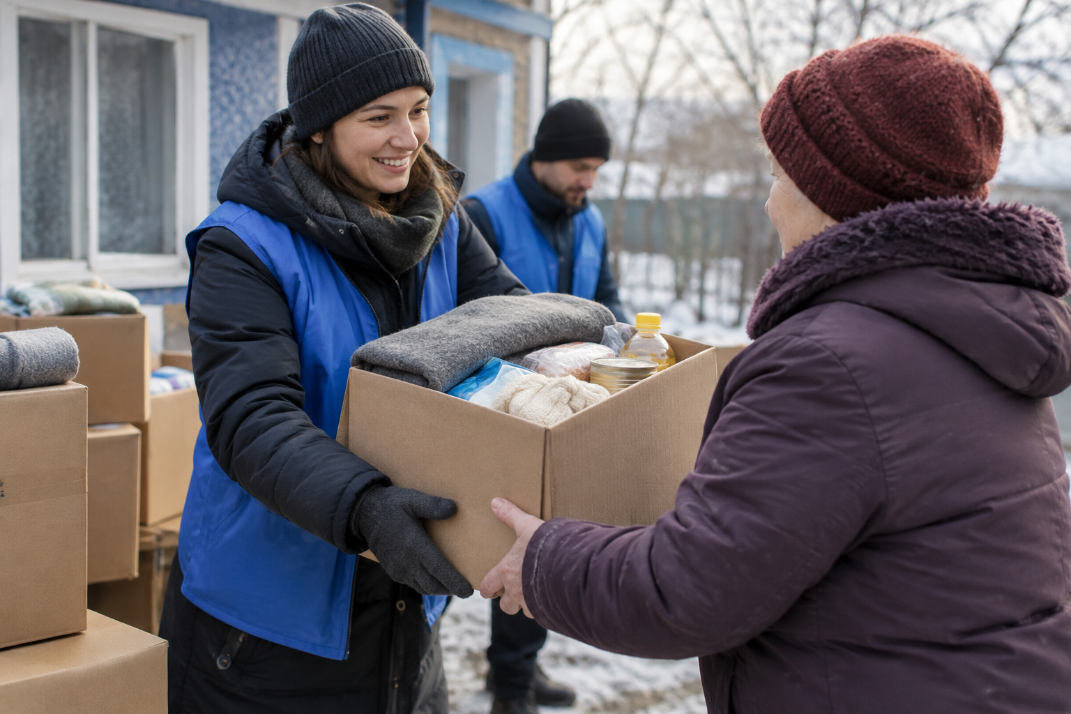A volunteer hands a box of winter essentials to a community member at a local gathering place, with more aid boxes nearby.