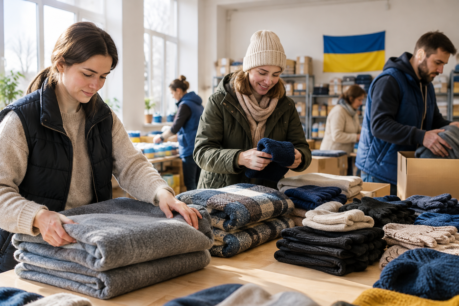 Volunteers sort folded blankets, knit hats, and gloves on tables in a bright community aid space before a winter delivery.