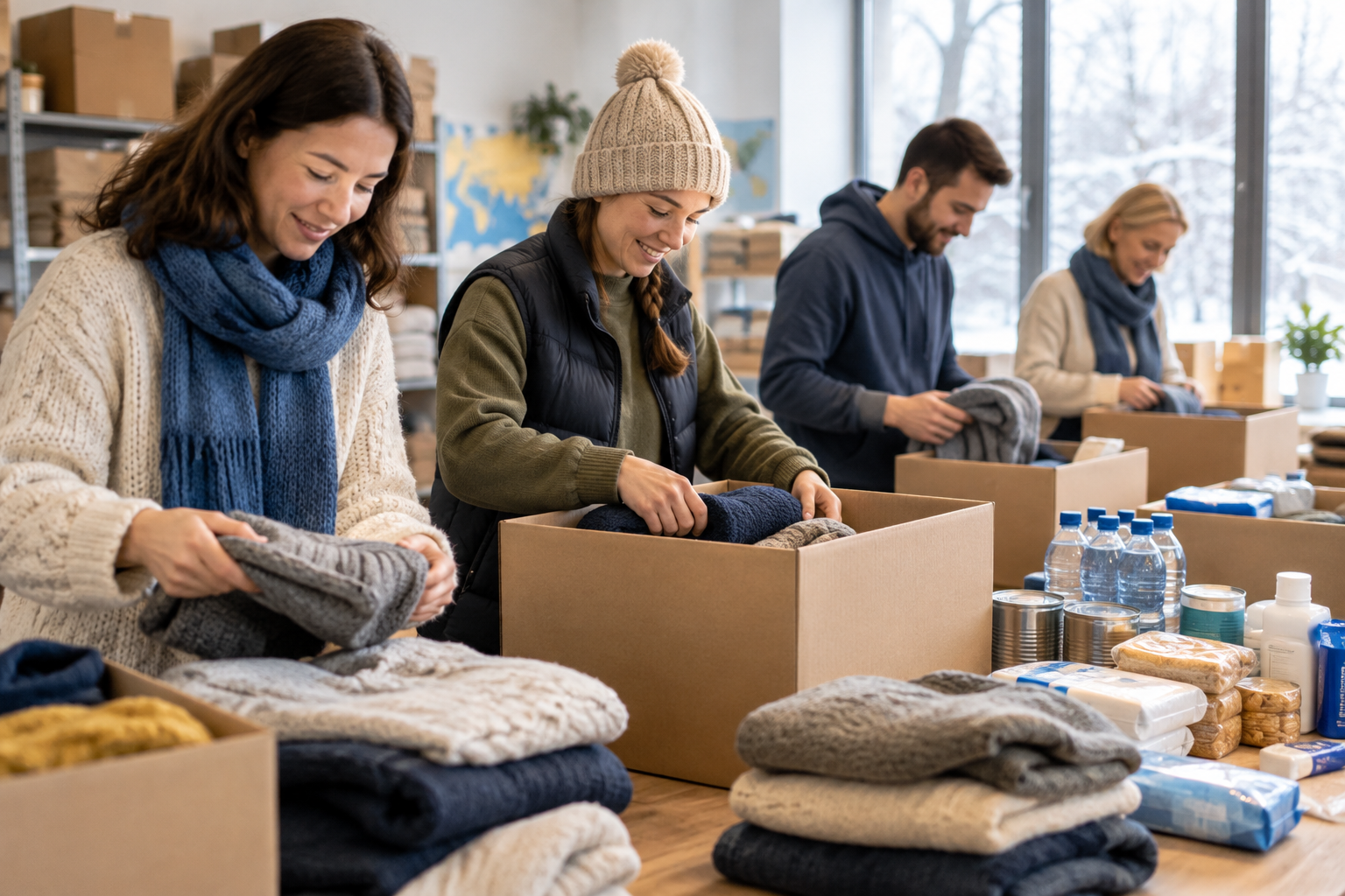 Volunteers carefully preparing winter aid kits with warm clothing and essentials for families in Ukraine