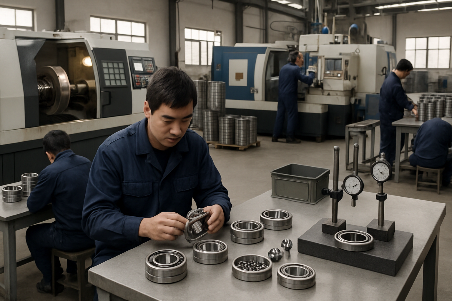 Linqing bearing factory workshop in Shandong, China, showing CNC machining, assembly benches, and in-process inspection for ball bearing and deep groove ball bearing production