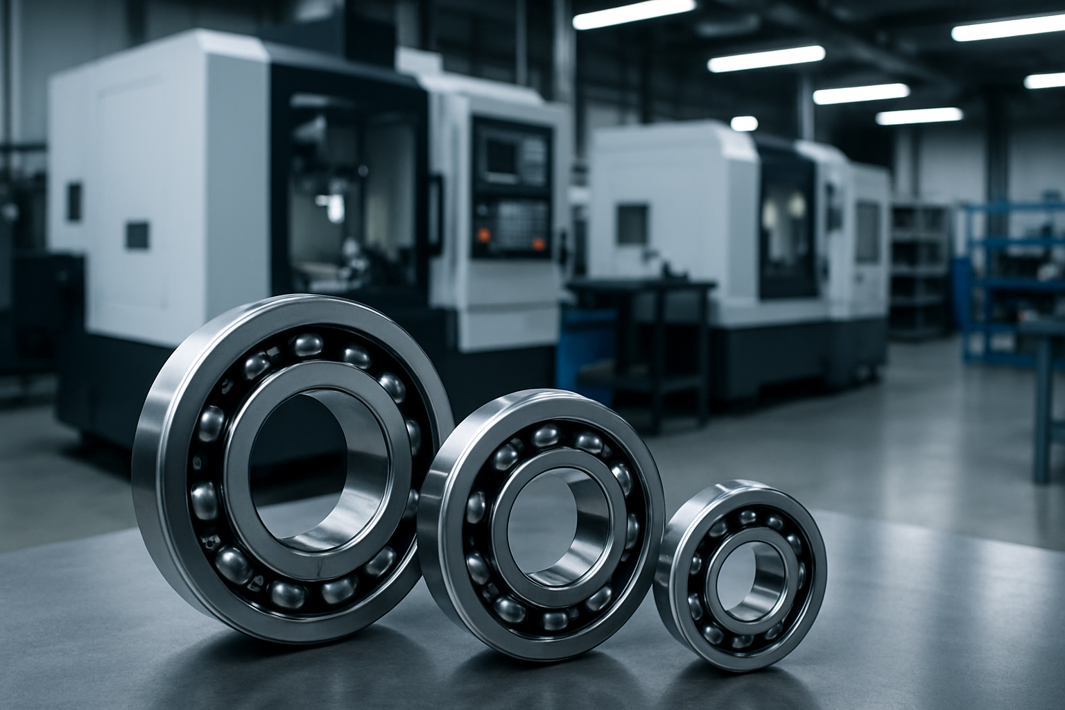 Close-up of precision industrial bearings with CNC equipment and metal machining in a modern factory workshop, highlighting high-accuracy manufacturing quality