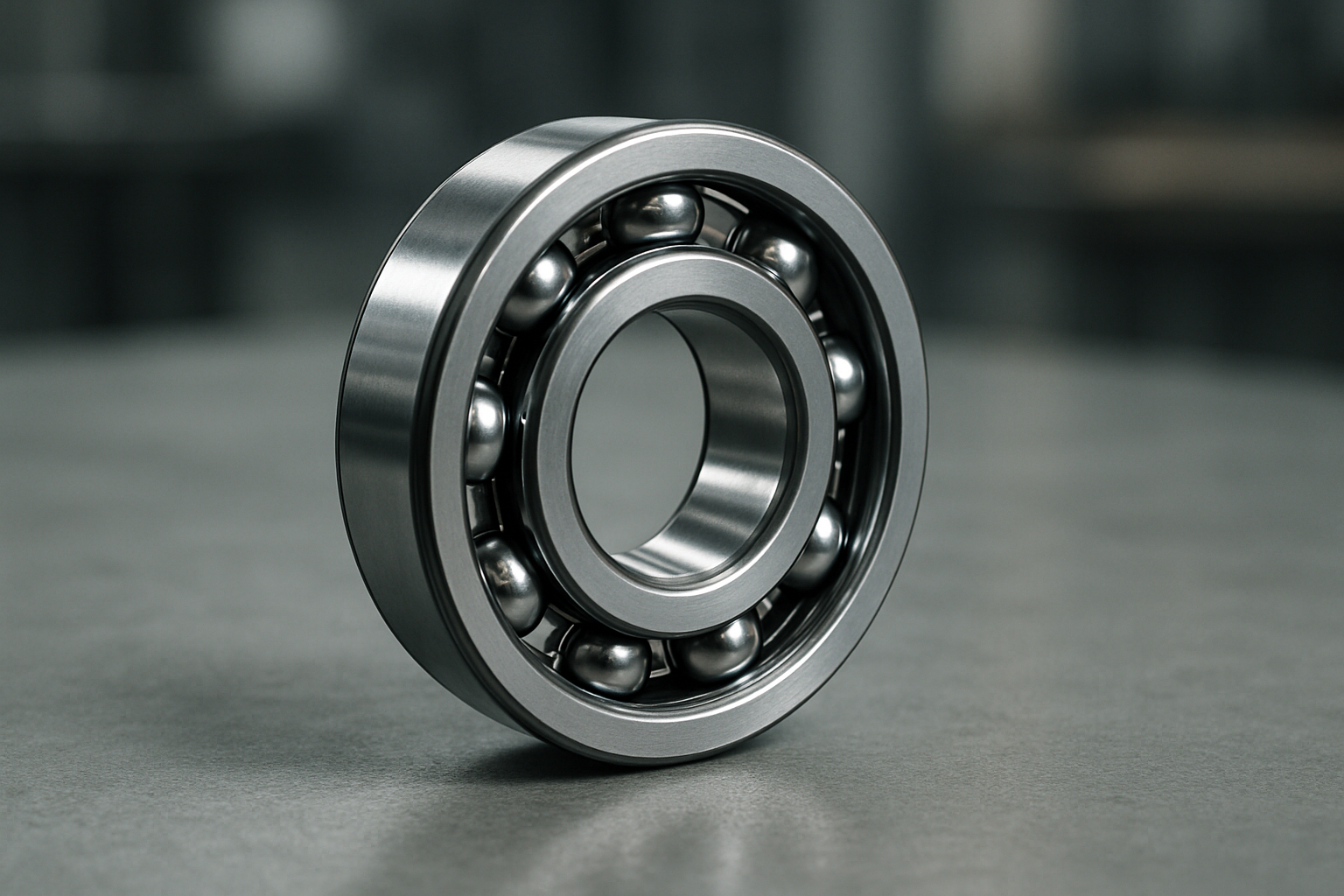 Macro close-up of a precision industrial deep groove ball bearing with polished raceways in a China bearing factory production context