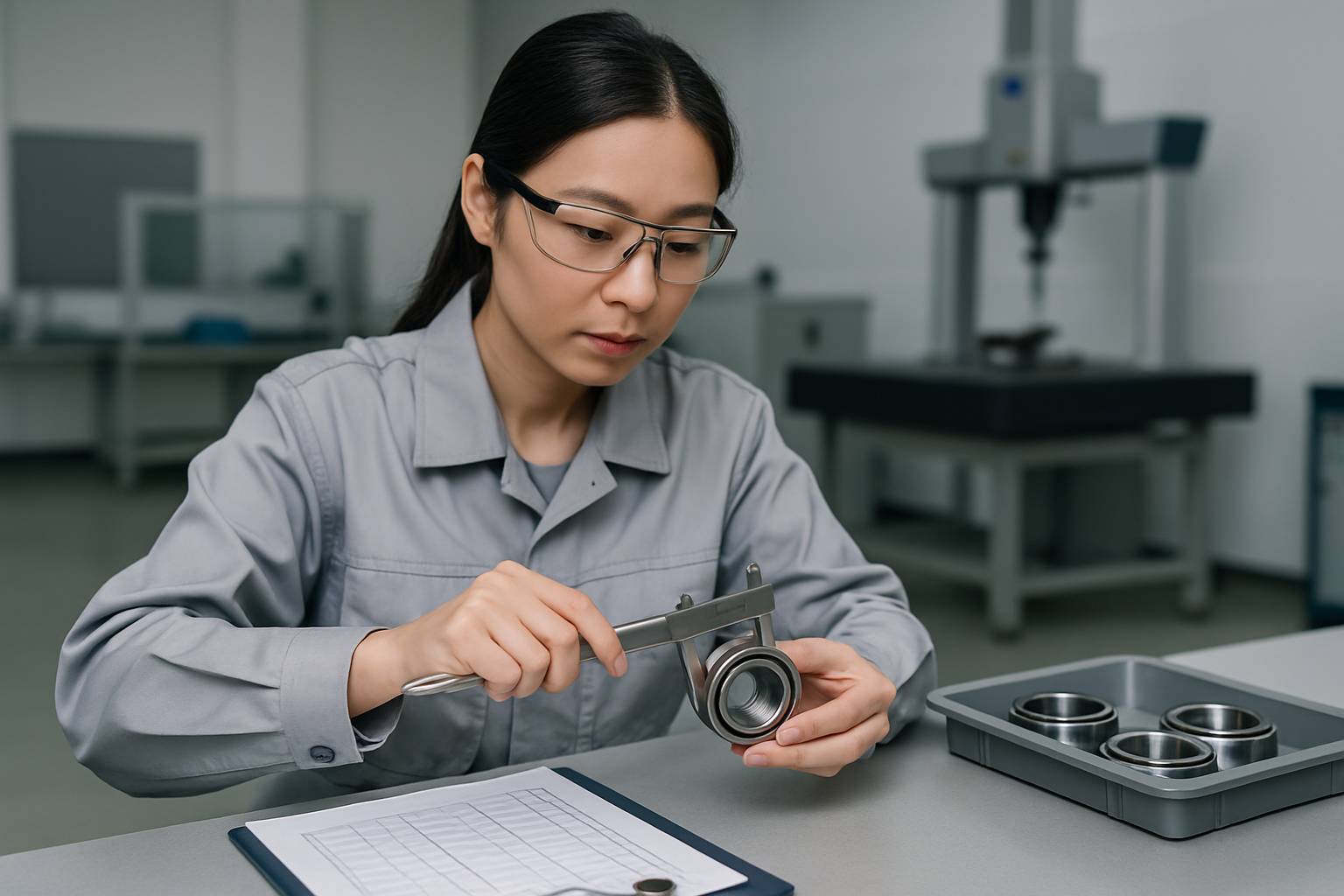 Quality control engineer inspecting bearing dimensions and precision at a factory test station