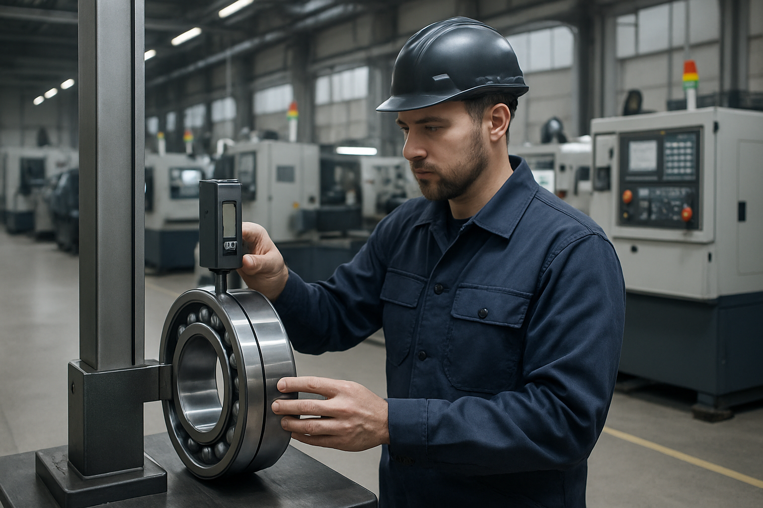 Factory inspectors using precision instruments beside a bearing production line for dimensional and accuracy checks